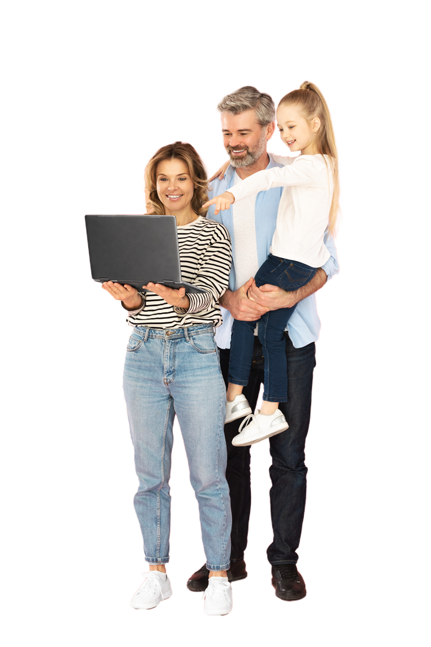 happy-family-using-laptop-together-posing-pink-background-vertical